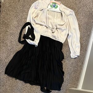 Max & Cleo Ivory and Black Ruffle Neck Pleated Dress